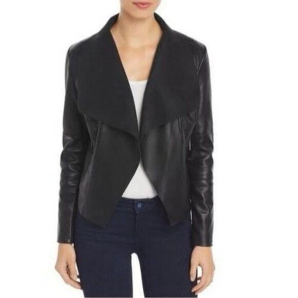 Bagatelle Black Faux Suede Leather Waterfall Open Front Jacket Size Small EUC - Picture 3 of 9